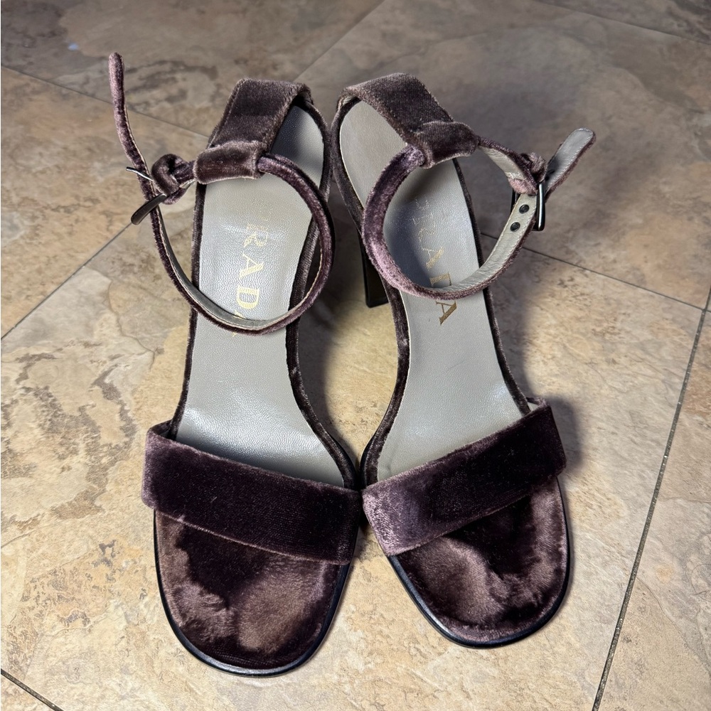 Prada Brown Velvet Heels with Ankle Strap